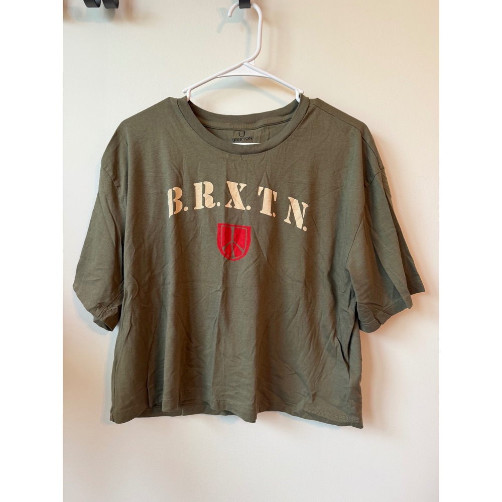 Brixton Womens Large Olive Green B.R.X.T.N. Peace Sign Graphic Boxy Crop Top Tee